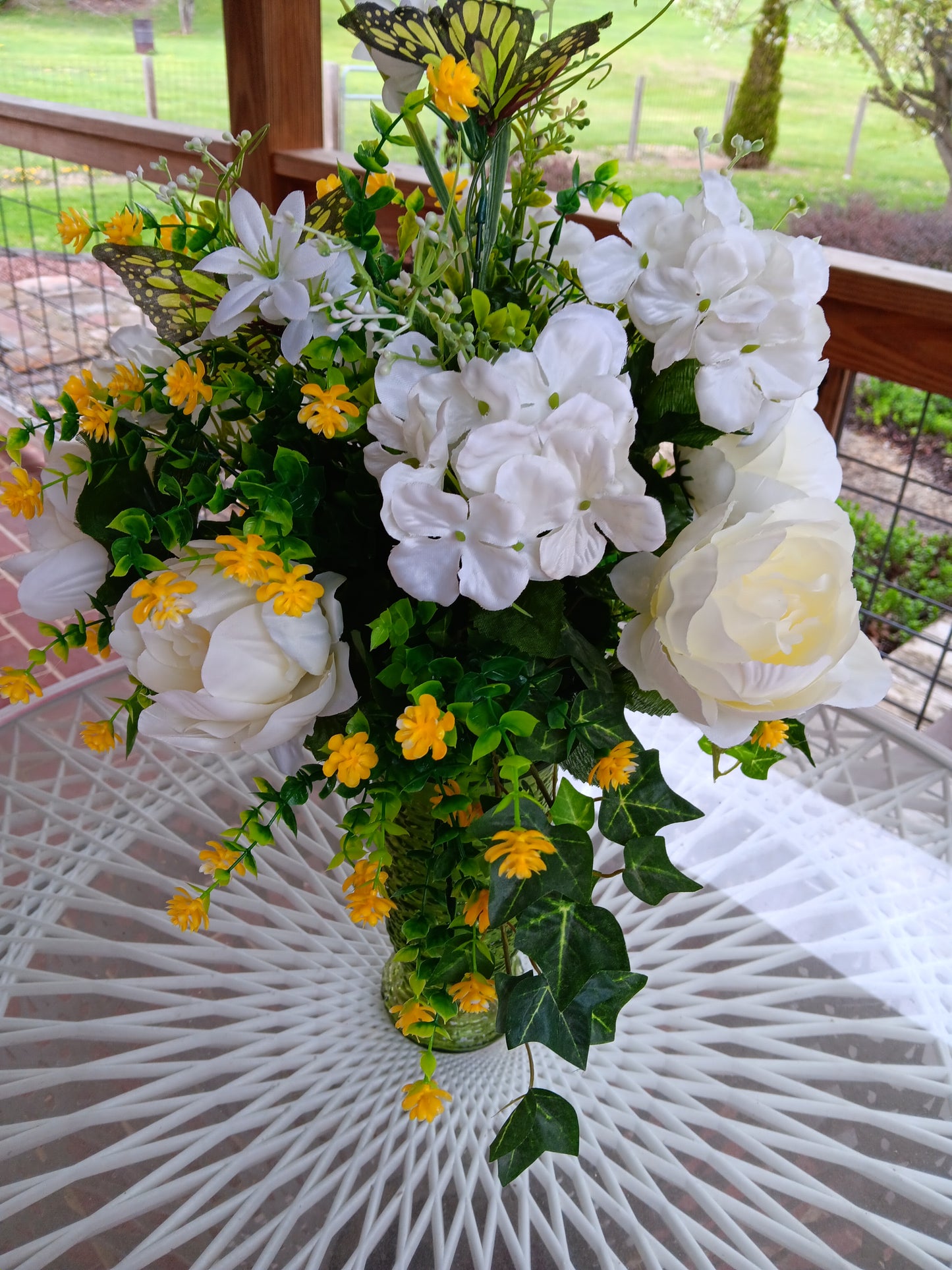 Yellow and White Silk Cemetery Vase