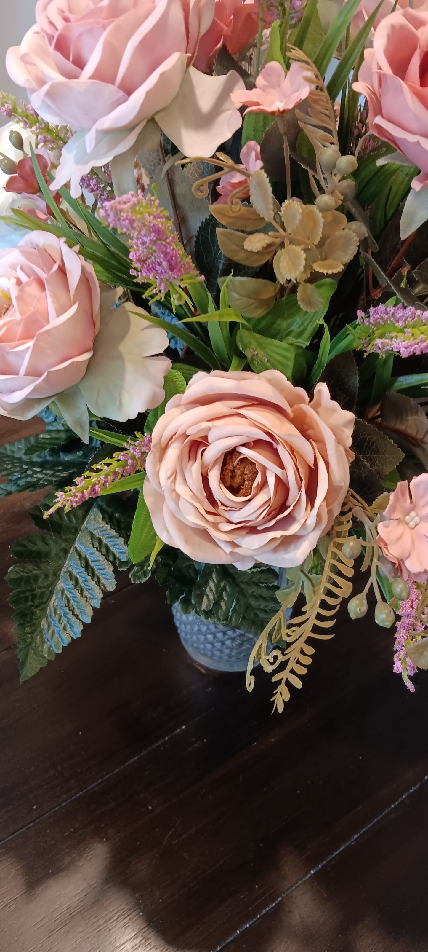 Silk Pink & Cream Roses Cemetery Vase (Local Pick-up Only)
