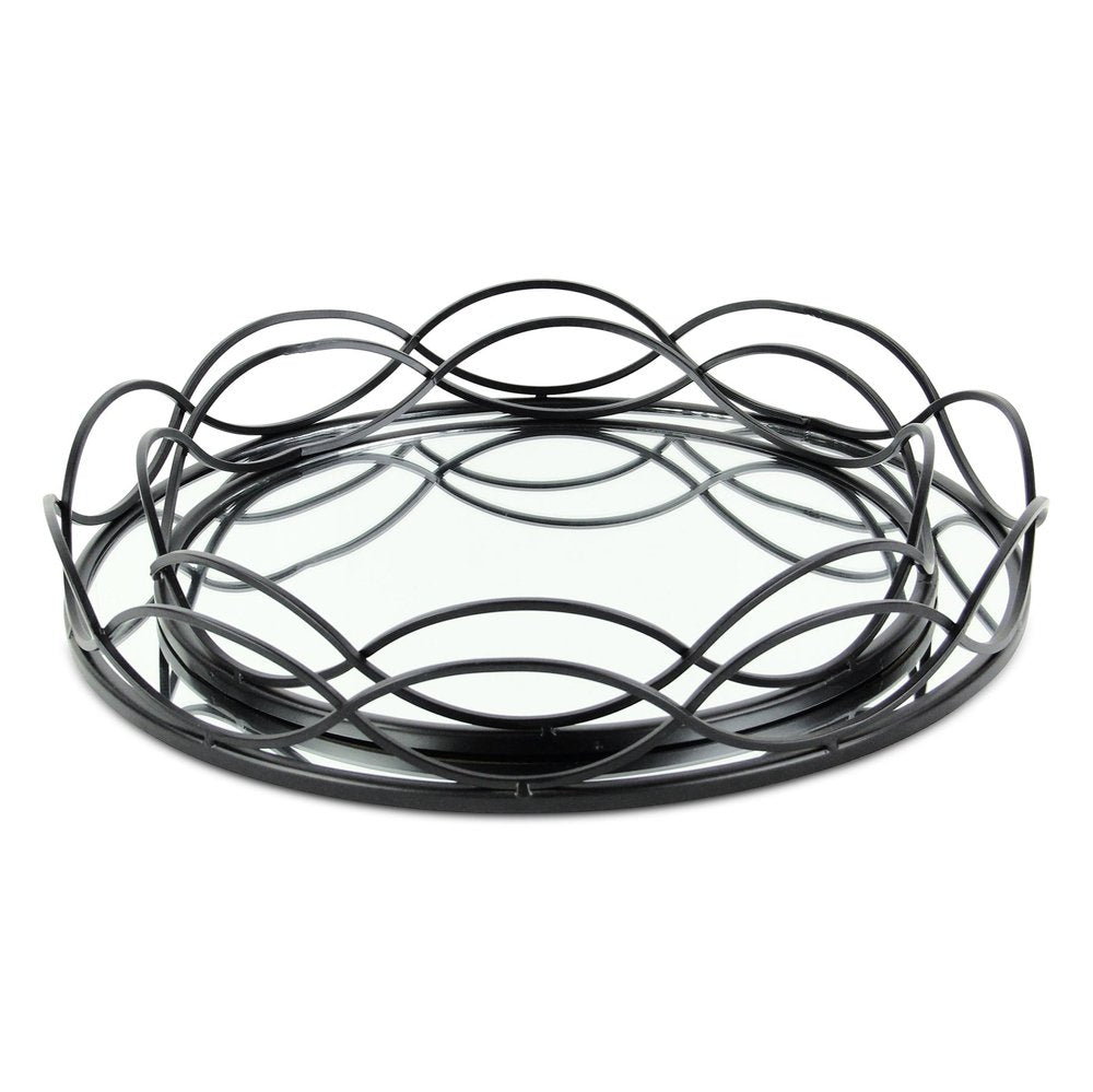 Set of Two Black And Silver Metal And Mirrored Glass Round Vanity Trays