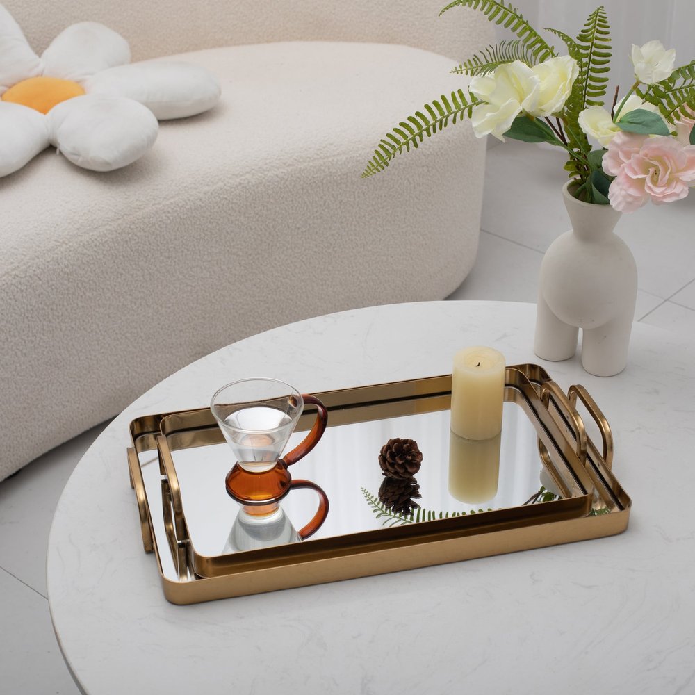 Set of Two Gold And Mirrored Glass Handmade Serving Trays