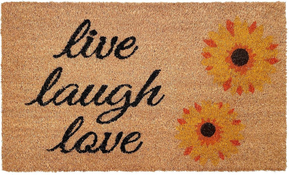 17" X 29" Natural Yellow And Black Floral Live Love Laugh Outdoor Coir Door Mat