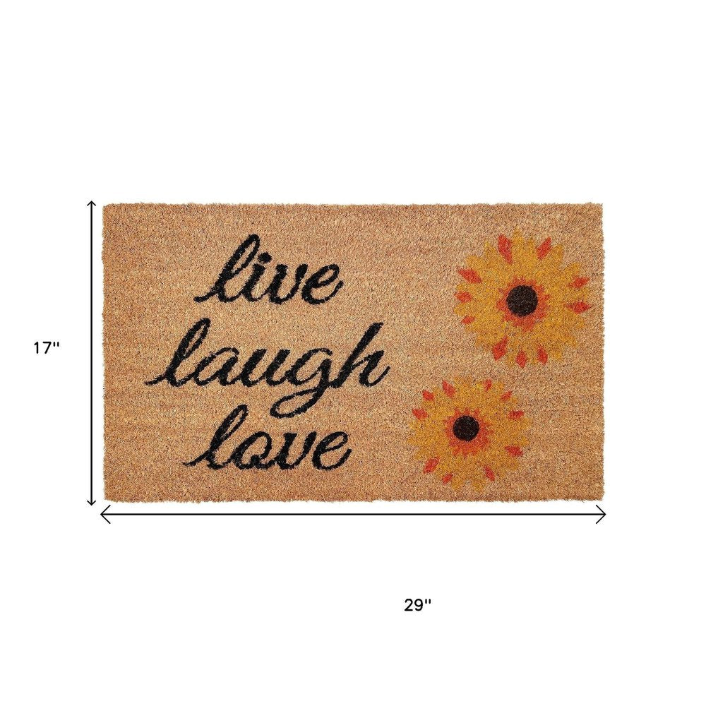 17" X 29" Natural Yellow And Black Floral Live Love Laugh Outdoor Coir Door Mat