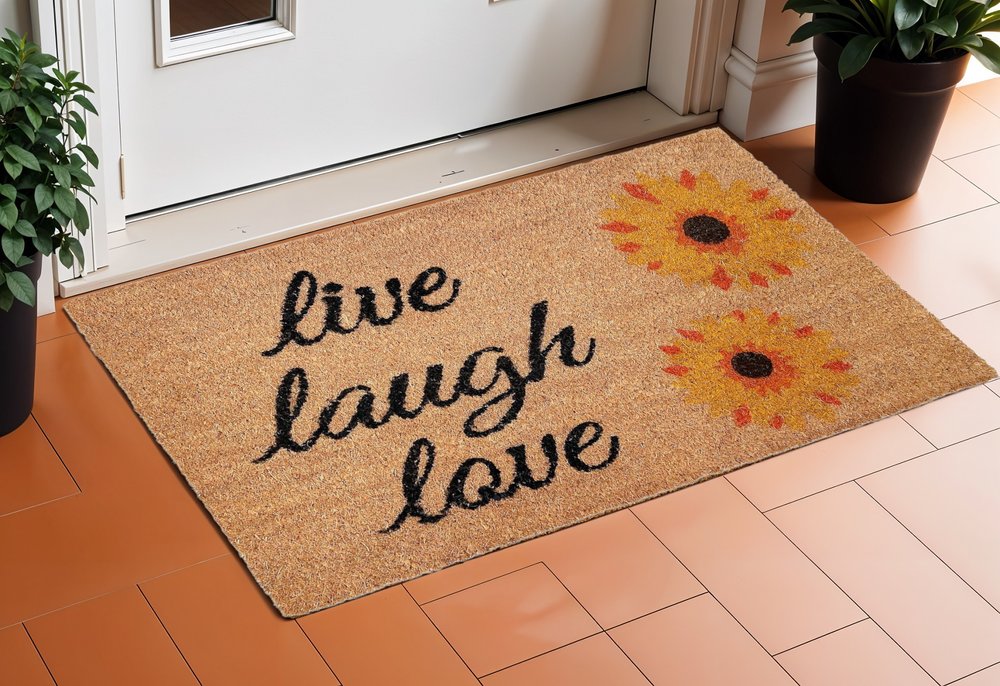 17" X 29" Natural Yellow And Black Floral Live Love Laugh Outdoor Coir Door Mat