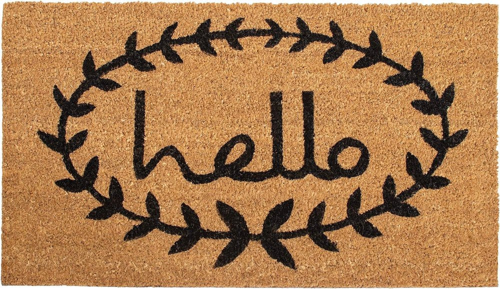 17" X 29" Natural And Black Hello Outdoor Coir Door Mat