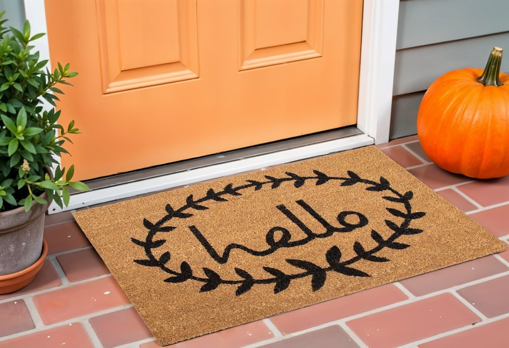 17" X 29" Natural And Black Hello Outdoor Coir Door Mat