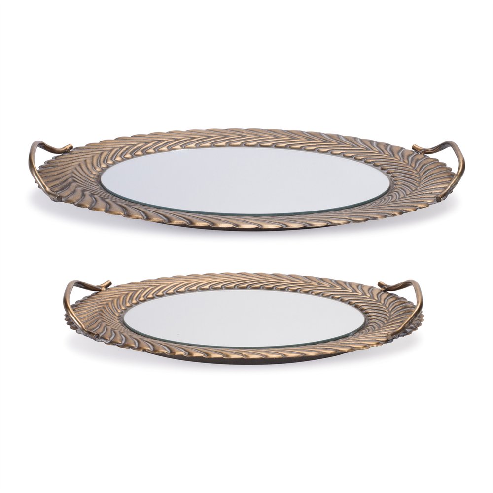Set of Two Antiqued Bronze Metal And Mirrored Glass Oval Serving Trays With Handles