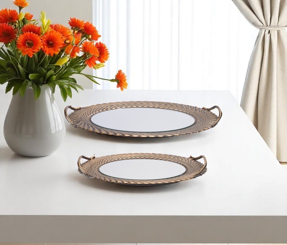 Set of Two Antiqued Bronze Metal And Mirrored Glass Oval Serving Trays With Handles