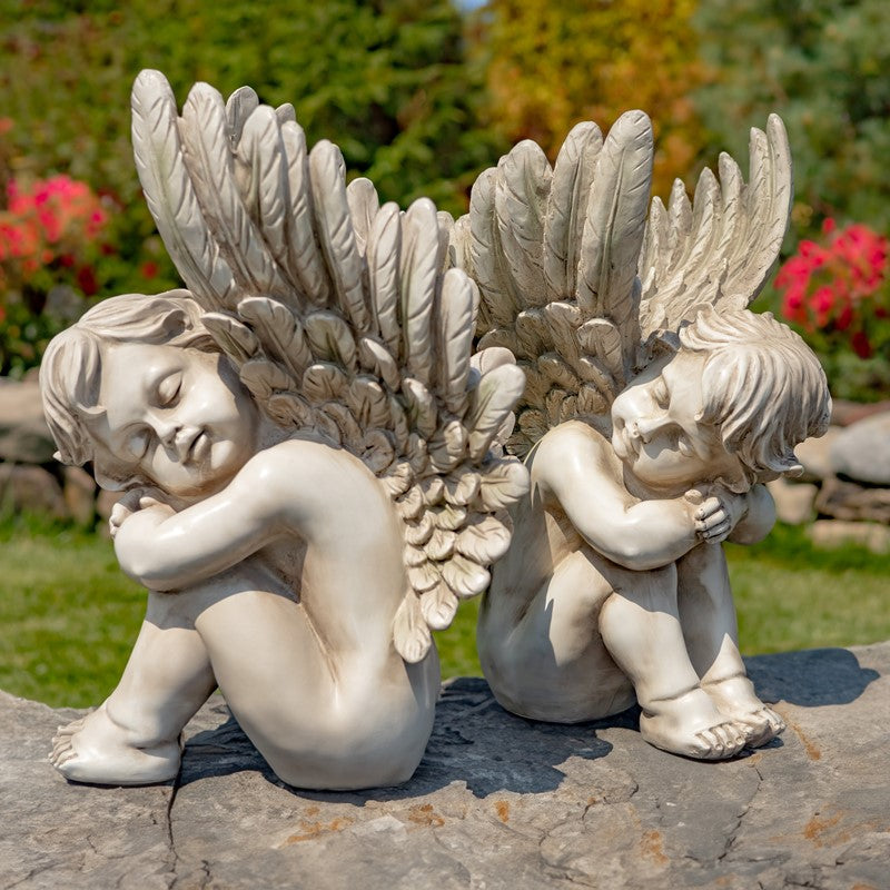 Set of Two 20" Tall Sitting Polyresin Cherub Statues "Thomas & James"