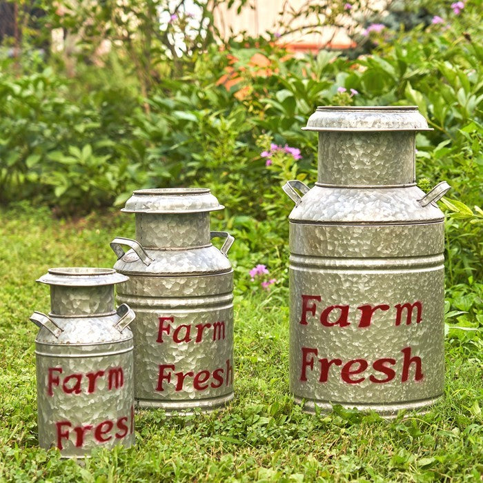 Set of 3 Galvanized Old Style Milk Jug Planters in Red