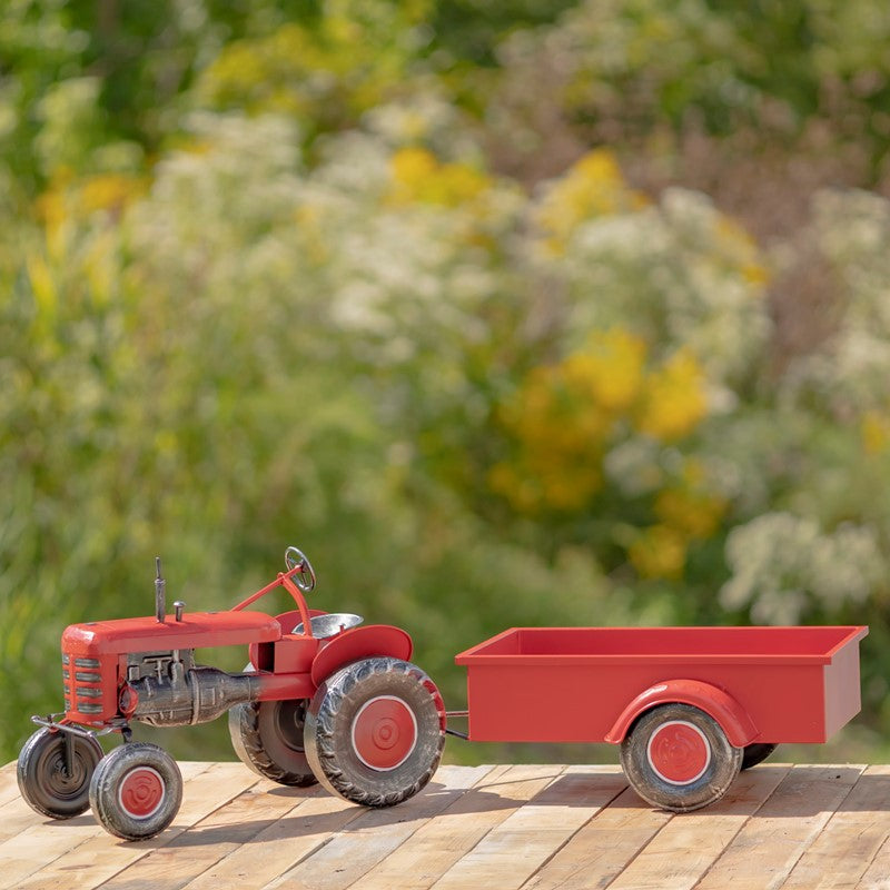 3.4ft. Long Small Red Metal Tractor with Cart "The Aldean"