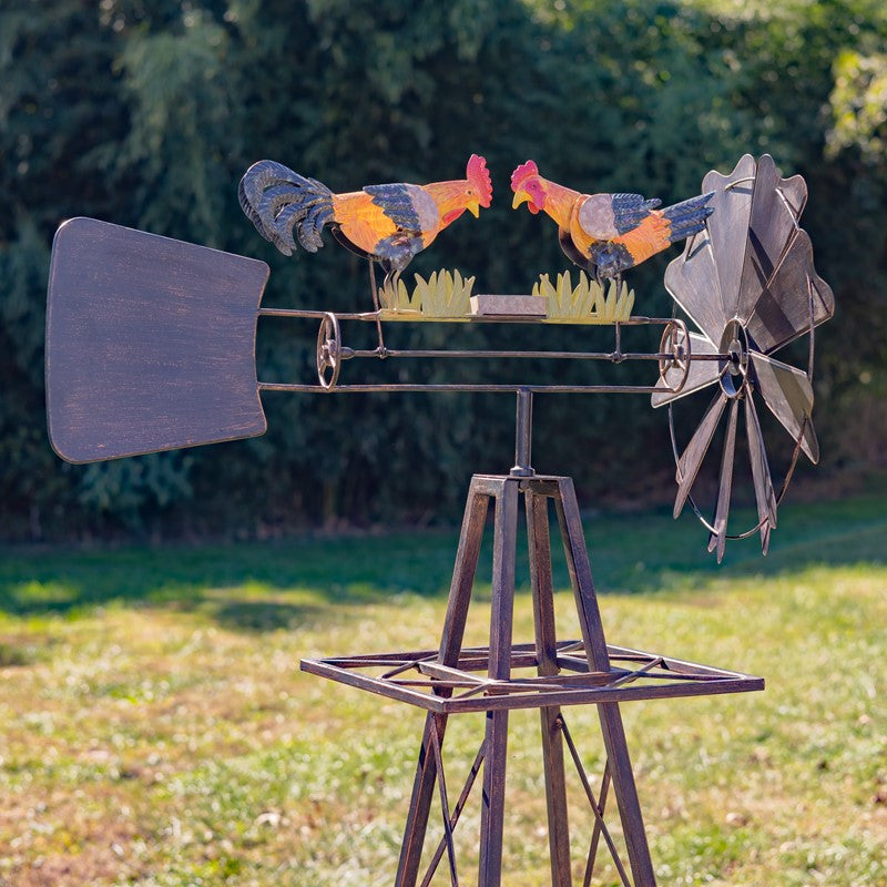 59.8" Tall Iron Windmill with Feeding Roosters & Weather Vane