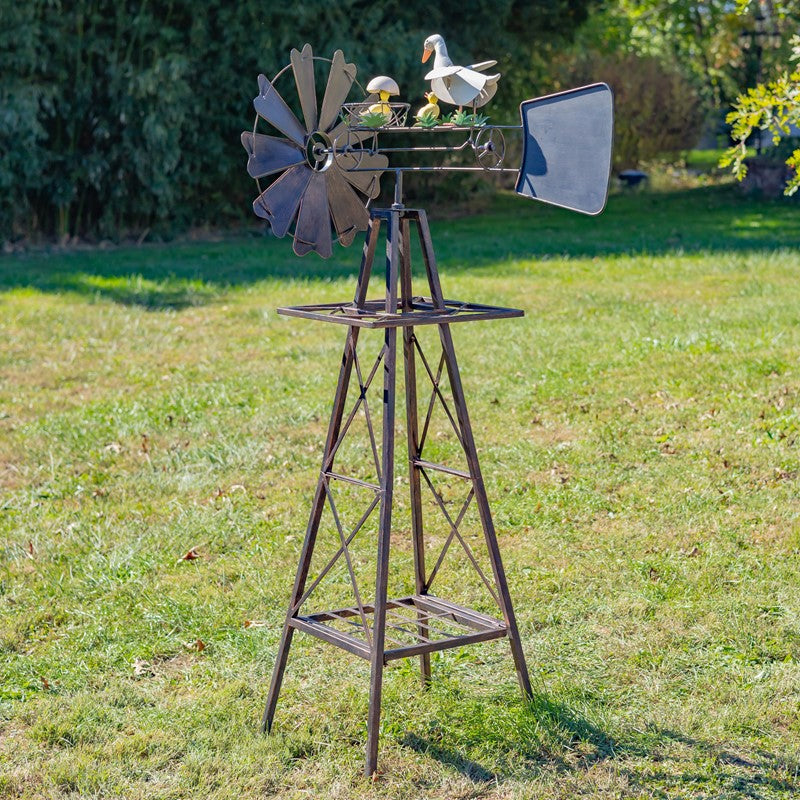 59.8" Tall Iron Windmill with Mother Duck & Hatchlings on Weather Vane