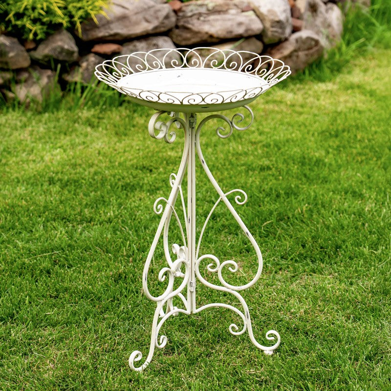 28" Tall Round Iron Birdbath with Folding Stand in Antique White "Stephania"