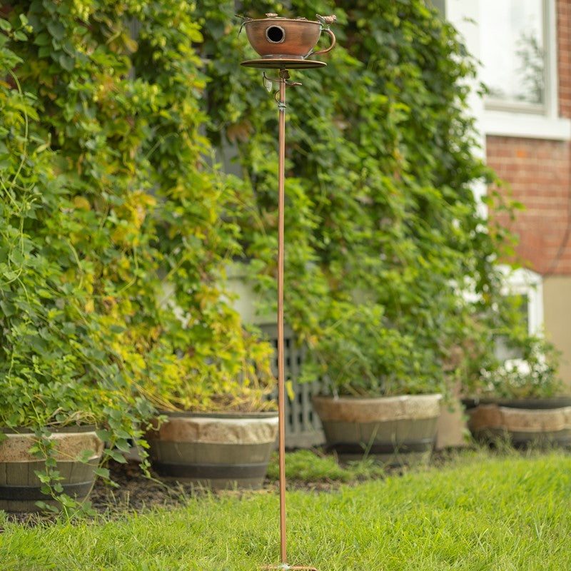 63" TALL TEA CUP BIRDHOUSE GARDEN STAKE IN ANTIQUE COPPER