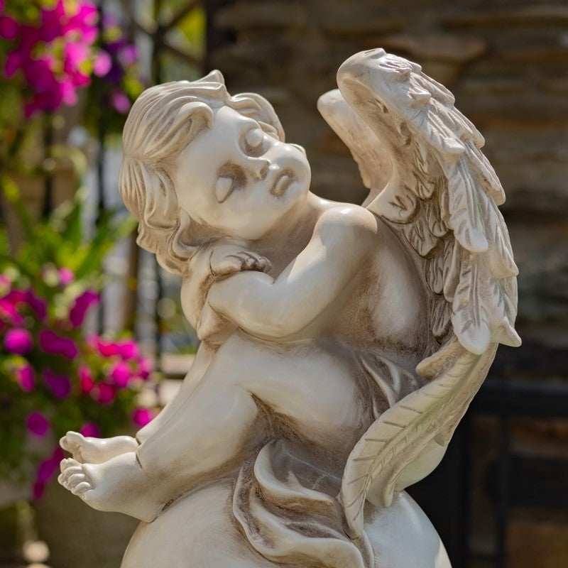 Set of Two 21" Tall Cherubs Sitting on Globe Pedestals "Yael & Cael"
