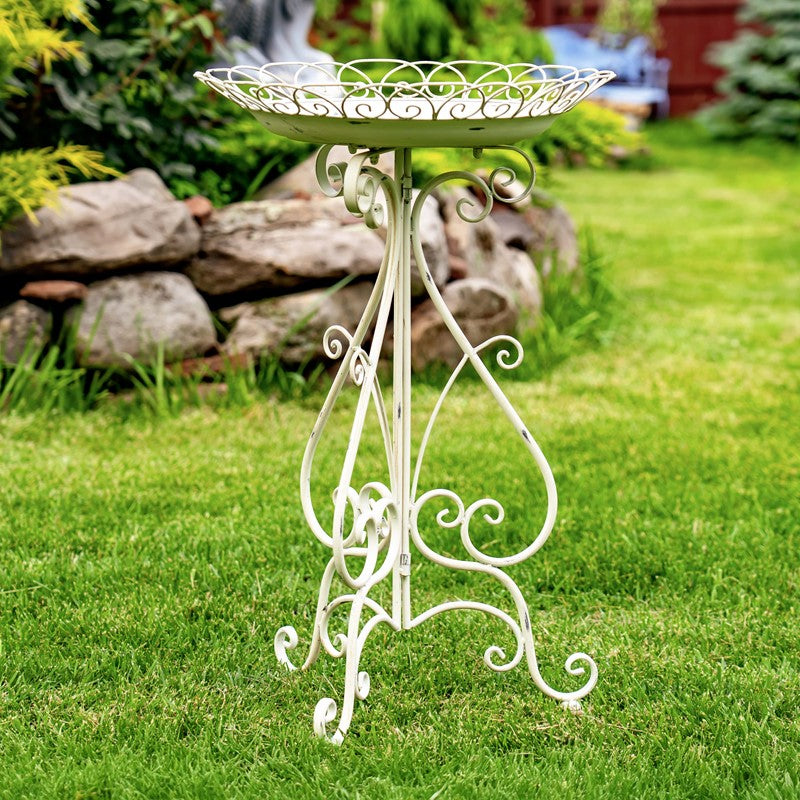 28" Tall Round Iron Birdbath with Folding Stand in Antique White "Stephania"