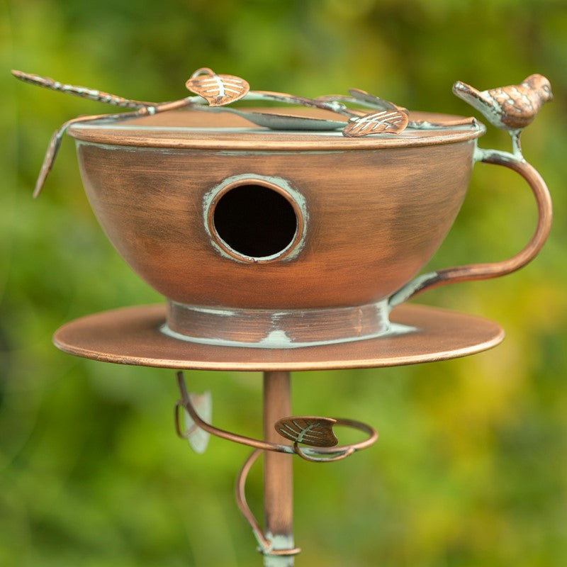 63" TALL TEA CUP BIRDHOUSE GARDEN STAKE IN ANTIQUE COPPER