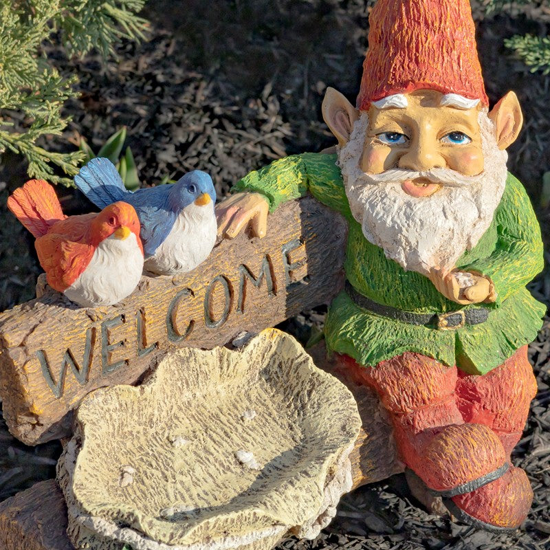 15.35" Tall Spring Garden Gnome with Welcome Sign, Birds and Birdbath