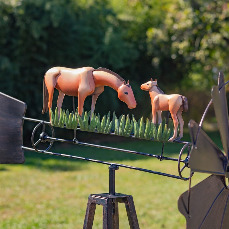 59.8" Tall Iron Windmill with Horse Family on Weather Vane