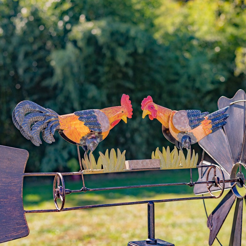 59.8" Tall Iron Windmill with Feeding Roosters & Weather Vane