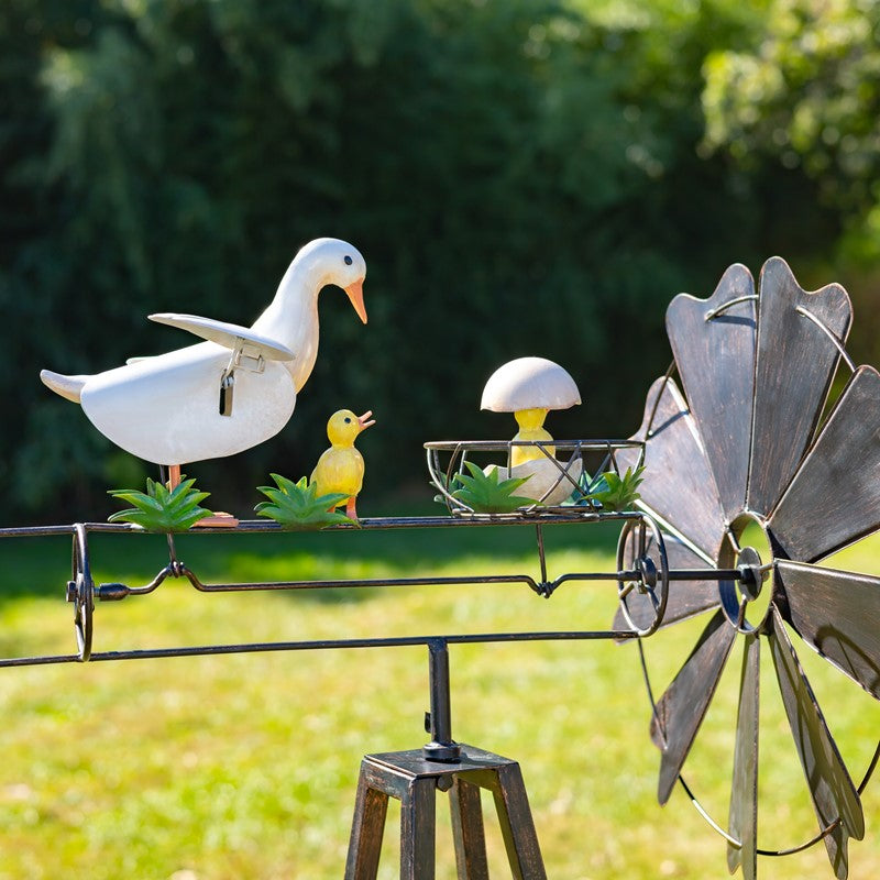59.8" Tall Iron Windmill with Mother Duck & Hatchlings on Weather Vane