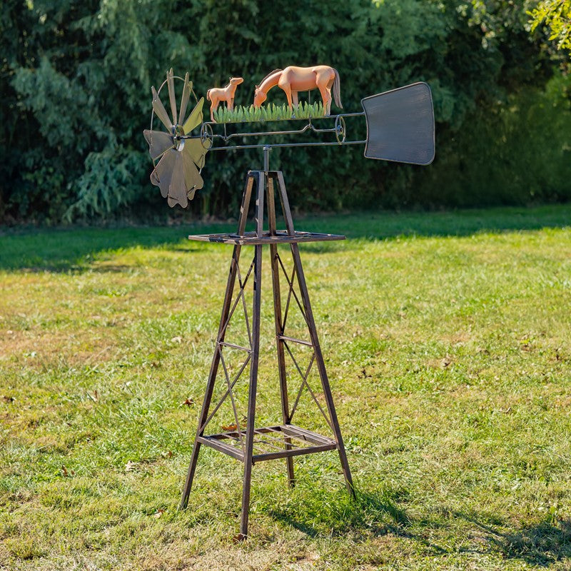 59.8" Tall Iron Windmill with Horse Family on Weather Vane