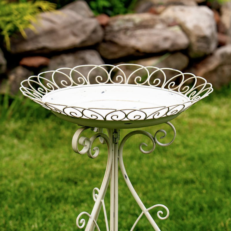 28" Tall Round Iron Birdbath with Folding Stand in Antique White "Stephania"