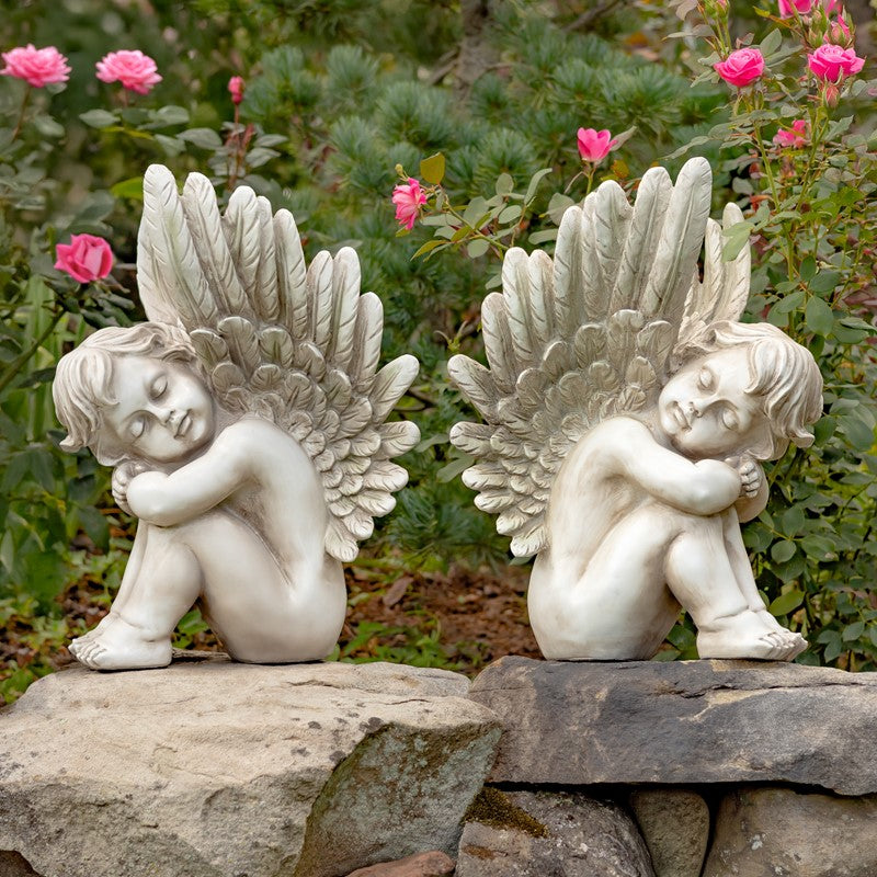 Set of Two 20" Tall Sitting Polyresin Cherub Statues "Thomas & James"