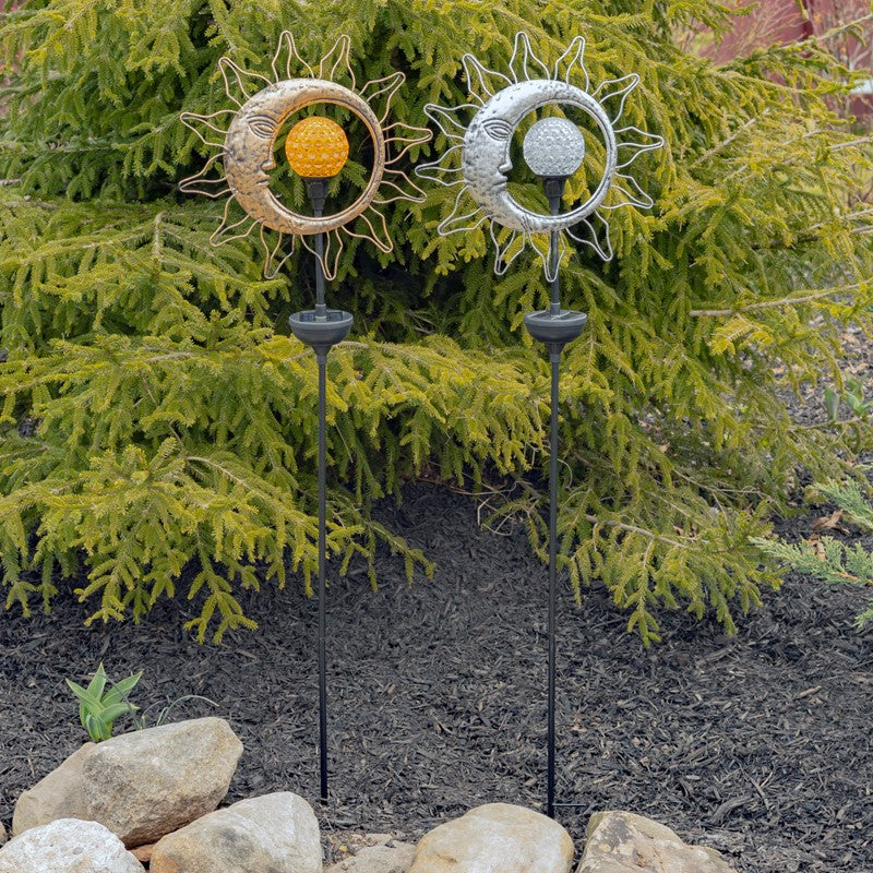 Dual Sun & Moon Solar Spinning LED Garden Stakes in 2 Assorted Colors
