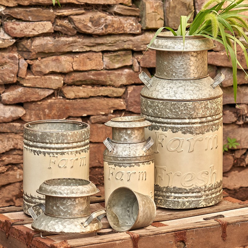 Set of 3 Galvanized Old Style Milk Can Planters in Cream