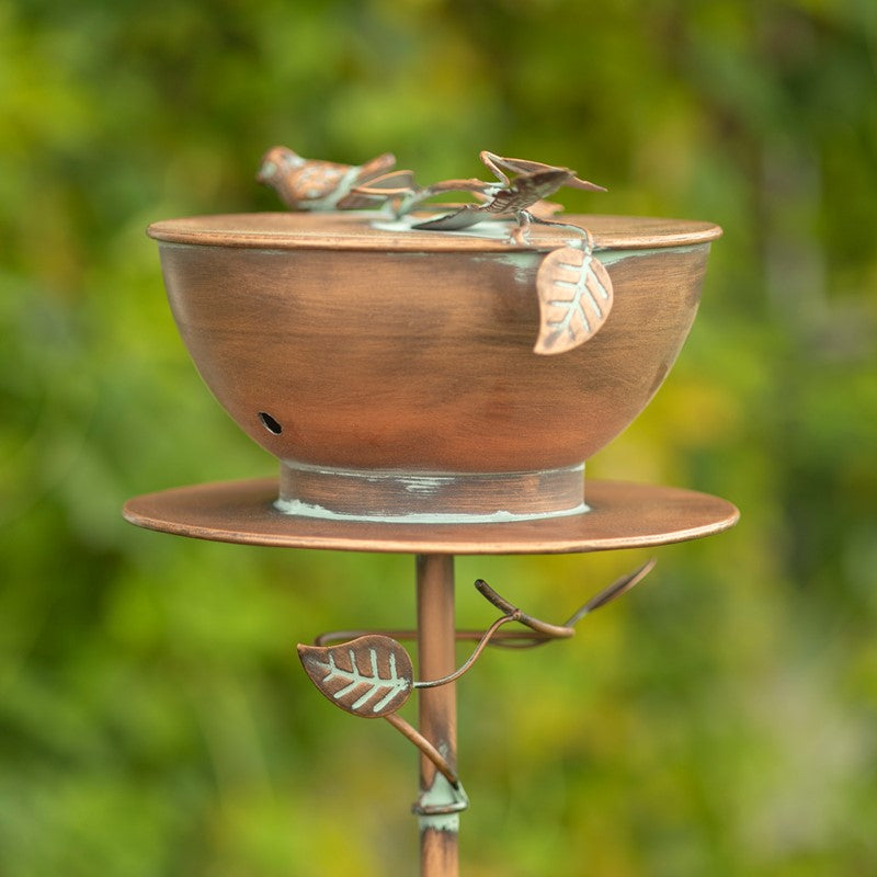 63" TALL TEA CUP BIRDHOUSE GARDEN STAKE IN ANTIQUE COPPER