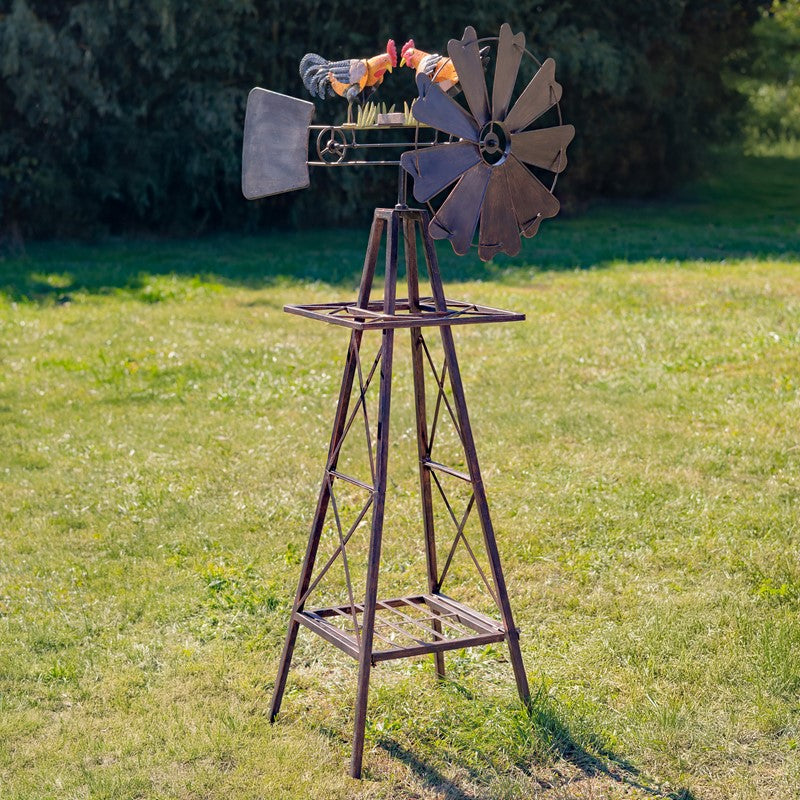 59.8" Tall Iron Windmill with Feeding Roosters & Weather Vane