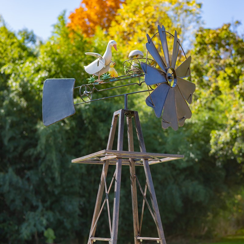 59.8" Tall Iron Windmill with Mother Duck & Hatchlings on Weather Vane