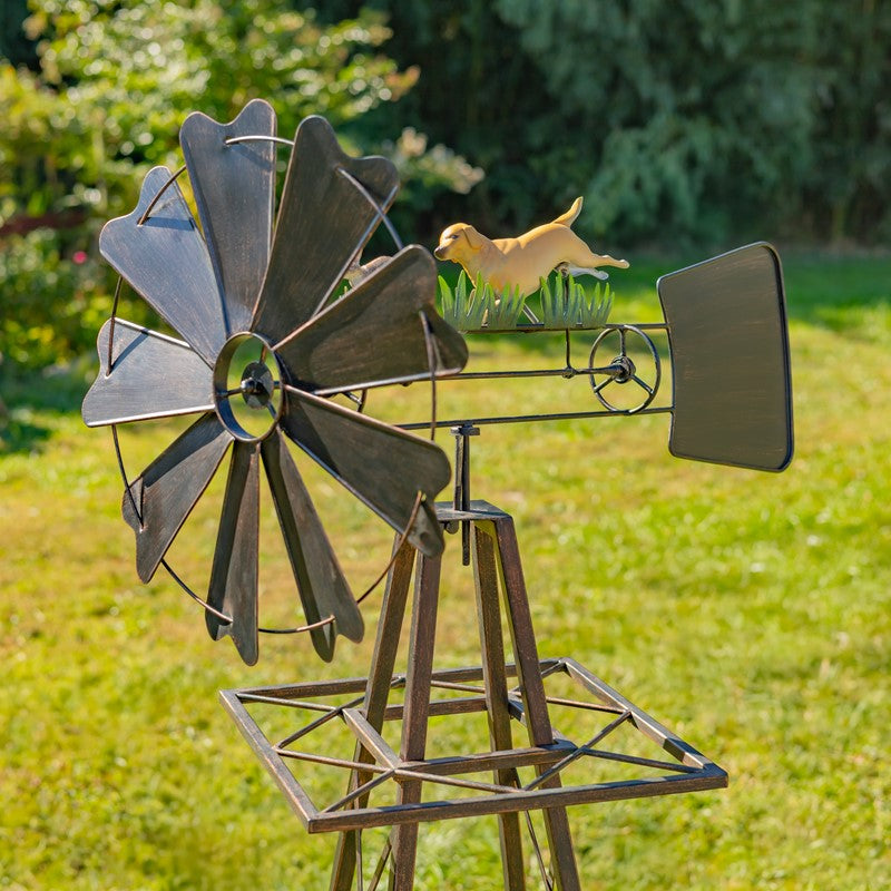 59.8" Tall Iron Windmill with Dog Chasing Rabbit on Weather Vane
