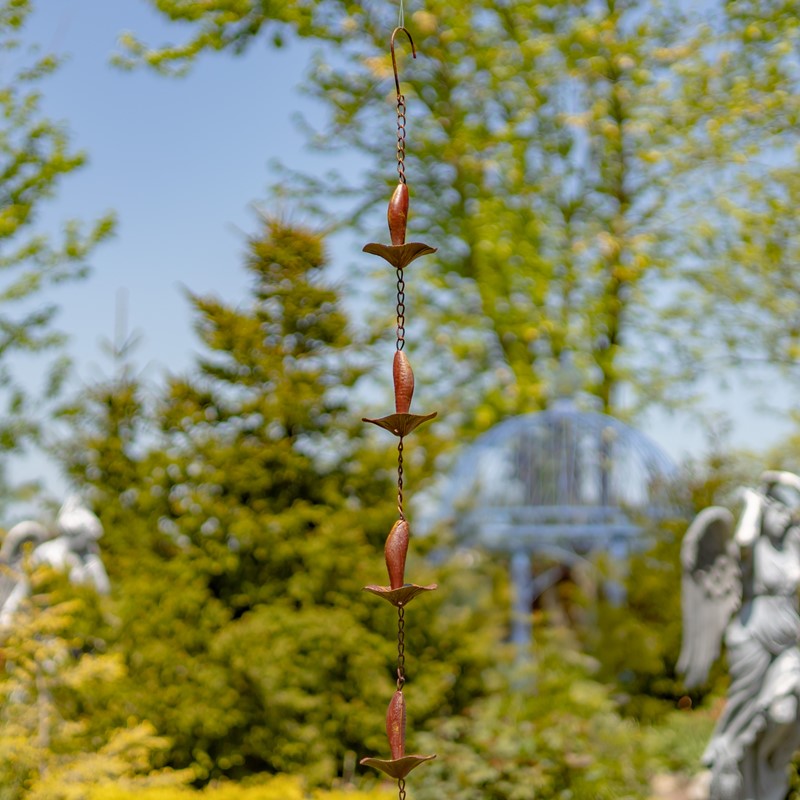 76.5" LONG IRON MUSHROOM RAIN CHAIN IN ANTIQUE RUST