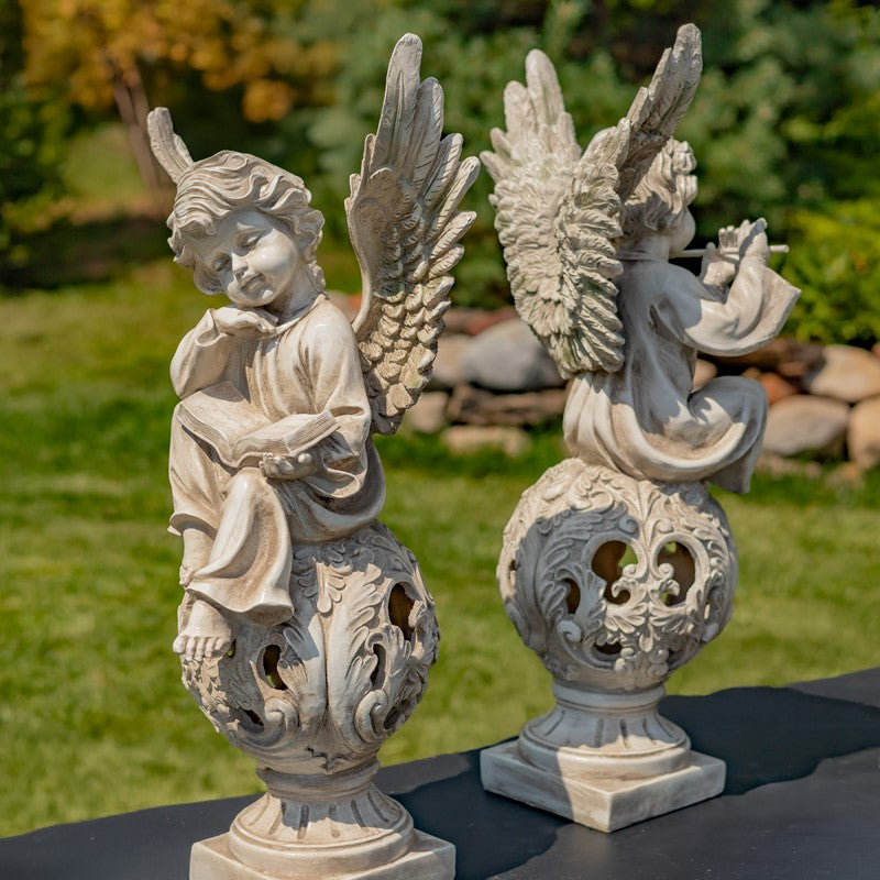 Set of Two 24" Tall Cherubs on Ornate Pedestals "Uriel & Sandalphon"