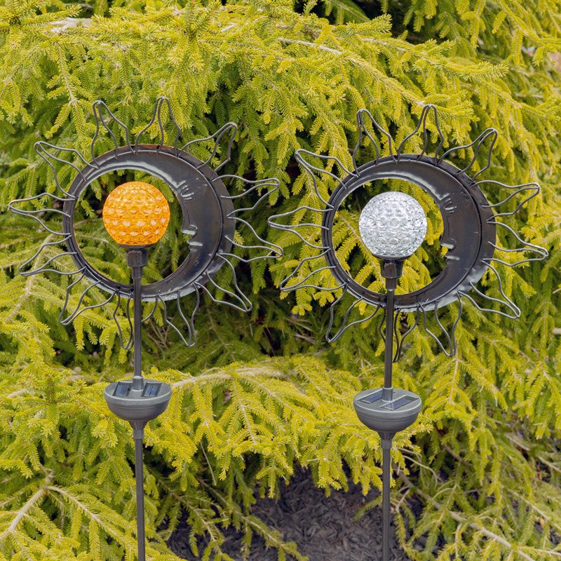 Dual Sun & Moon Solar Spinning LED Garden Stakes in 2 Assorted Colors