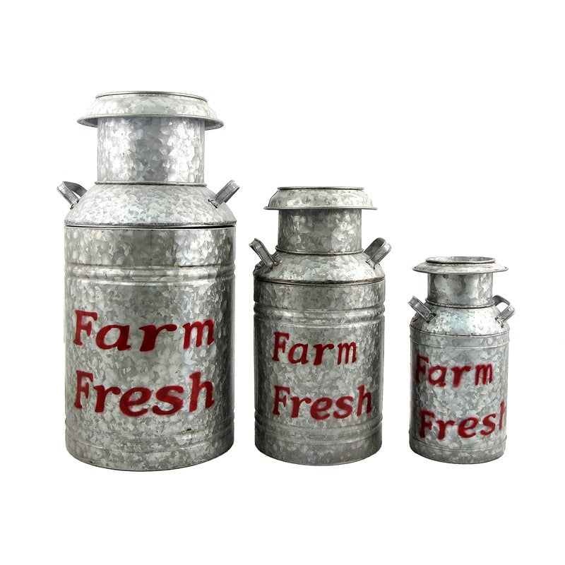 Set of 3 Galvanized Old Style Milk Jug Planters in Red