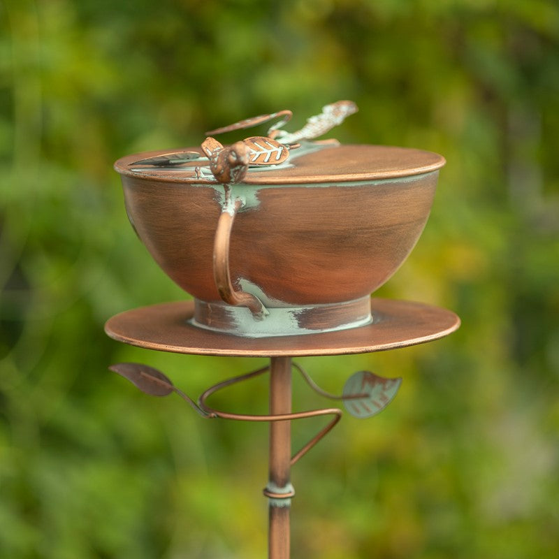 63" TALL TEA CUP BIRDHOUSE GARDEN STAKE IN ANTIQUE COPPER