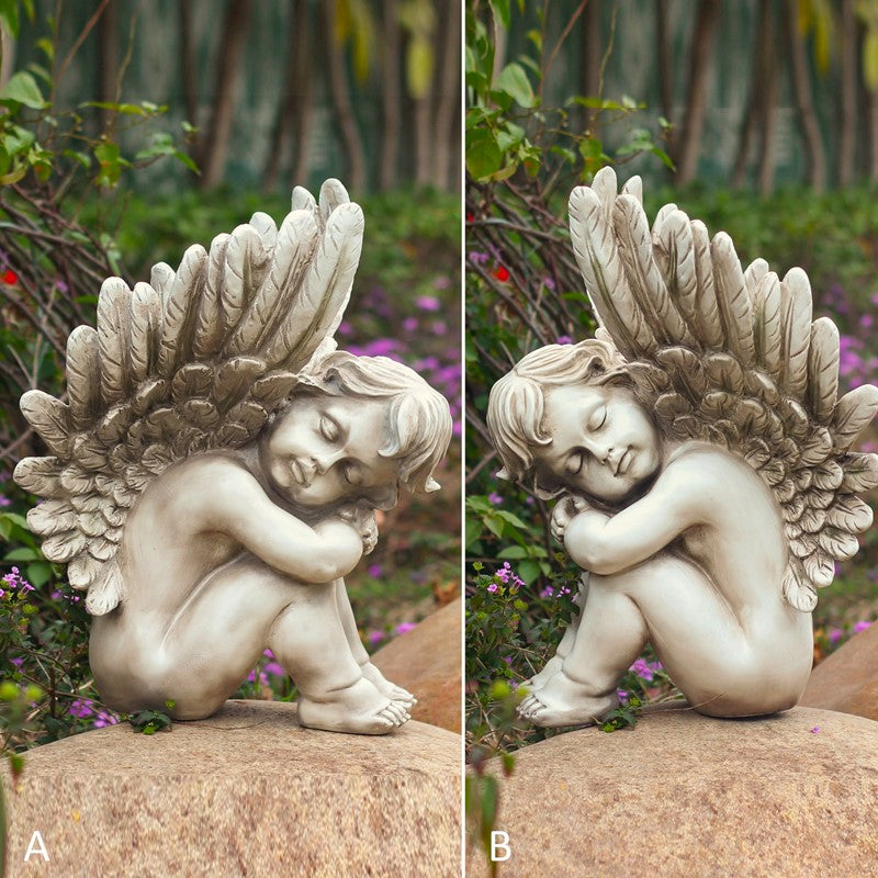Set of Two 20" Tall Sitting Polyresin Cherub Statues "Thomas & James"