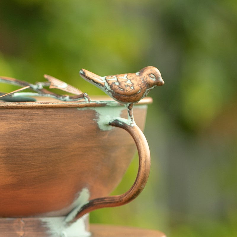 63" TALL TEA CUP BIRDHOUSE GARDEN STAKE IN ANTIQUE COPPER