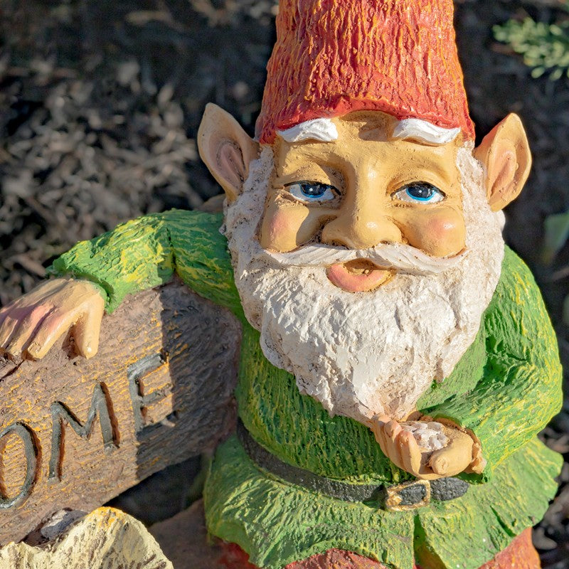 15.35" Tall Spring Garden Gnome with Welcome Sign, Birds and Birdbath