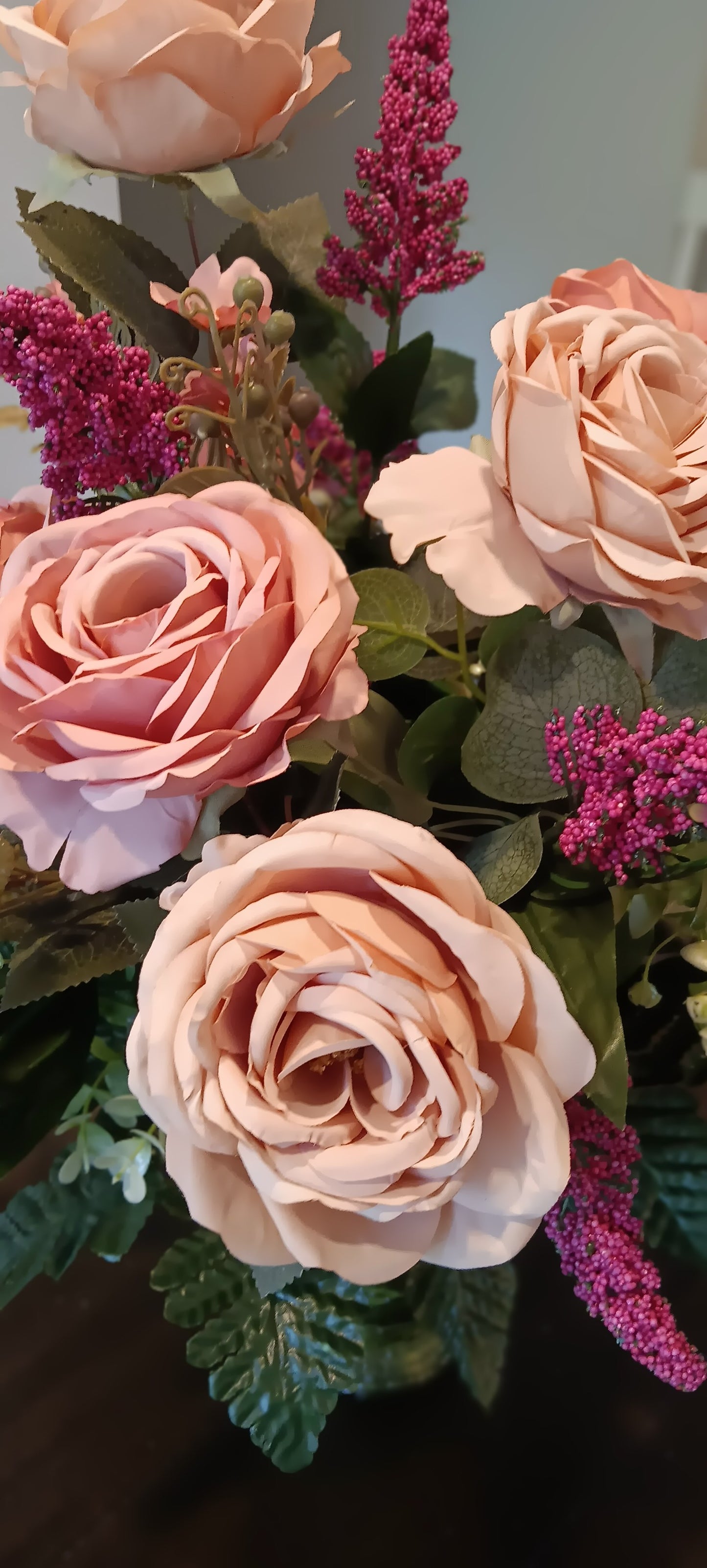 Silk Peach Roses and Purple Heather Vase (Local Pick-up Only)