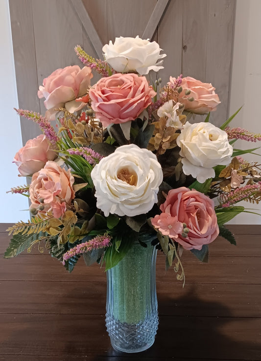 Silk Pink & Cream Roses Cemetery Vase (Local Pick-up Only)