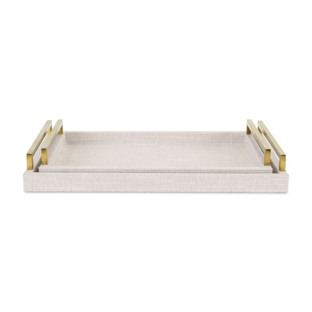 Set of Two Off White Wood and Fabric Nested Serving Trays With Gold Handles