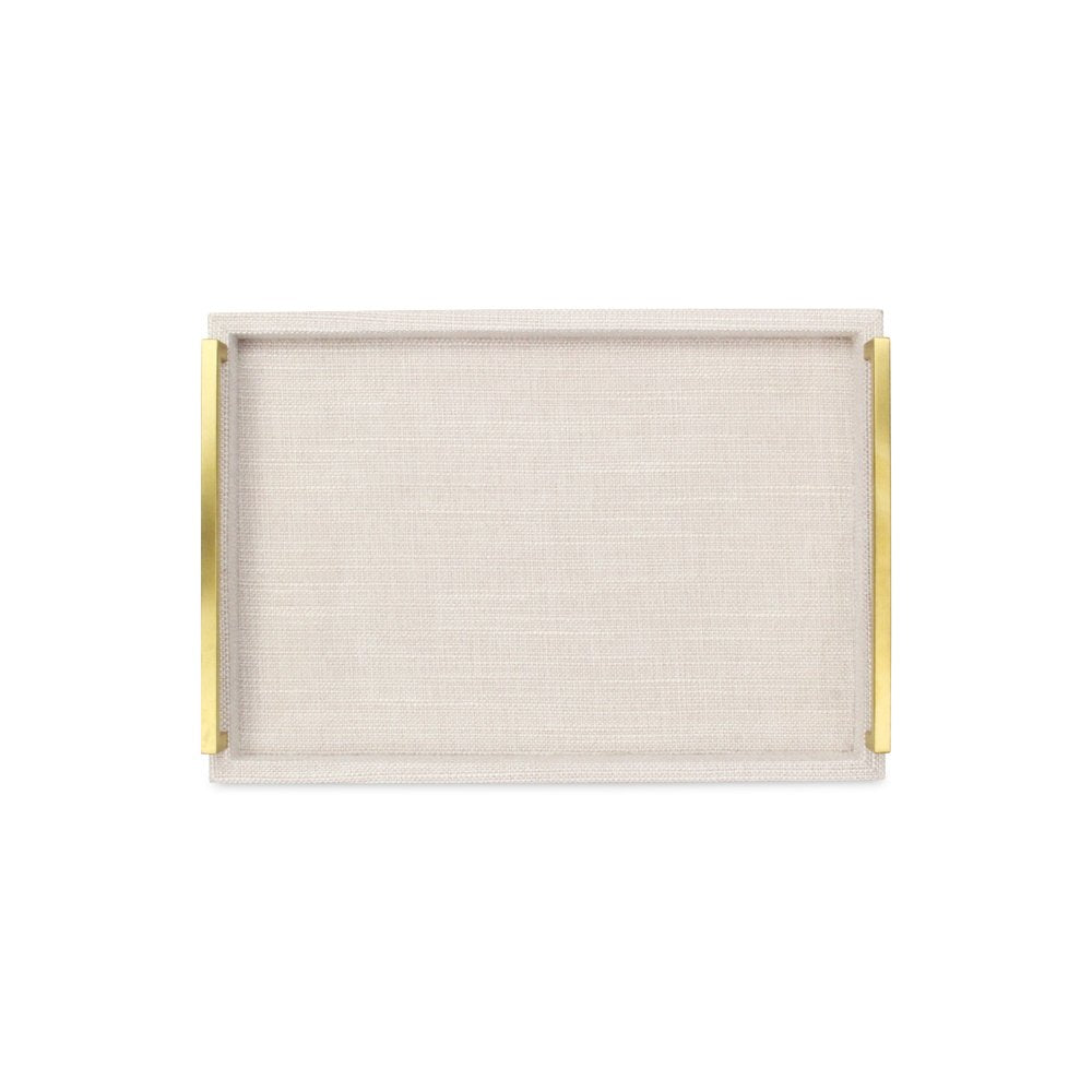 Set of Two Off White Wood and Fabric Nested Serving Trays With Gold Handles