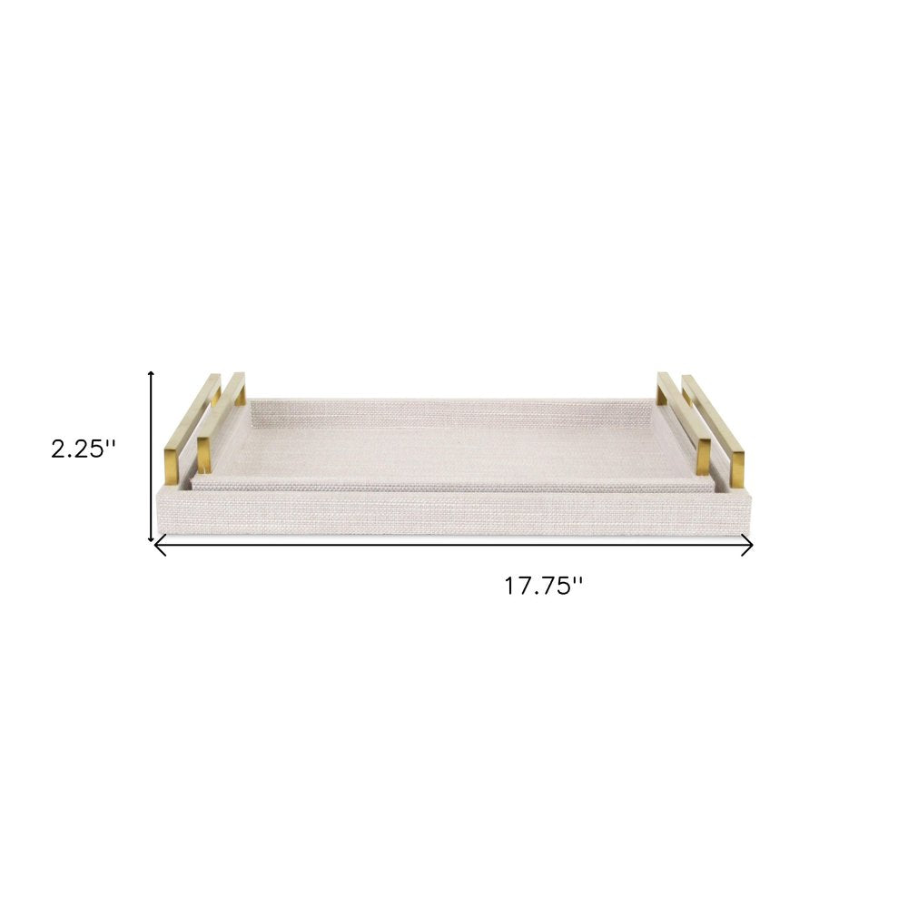 Set of Two Off White Wood and Fabric Nested Serving Trays With Gold Handles