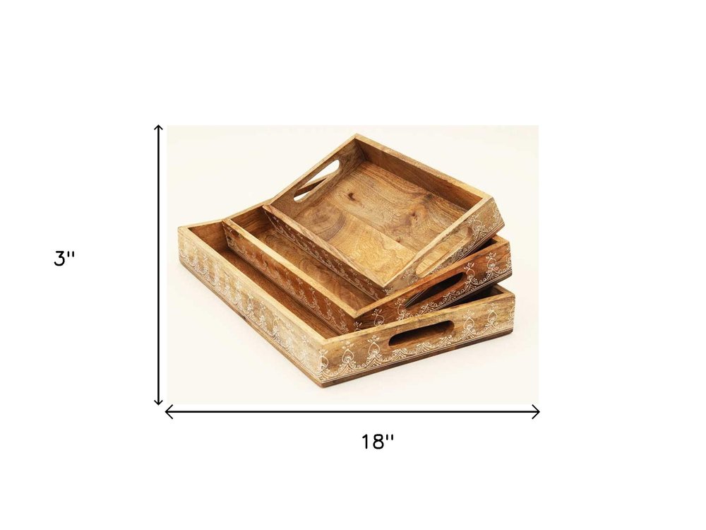 Set of Three Natural Rectangular Solid Wood Floral Handmade Serving Tray With Handles