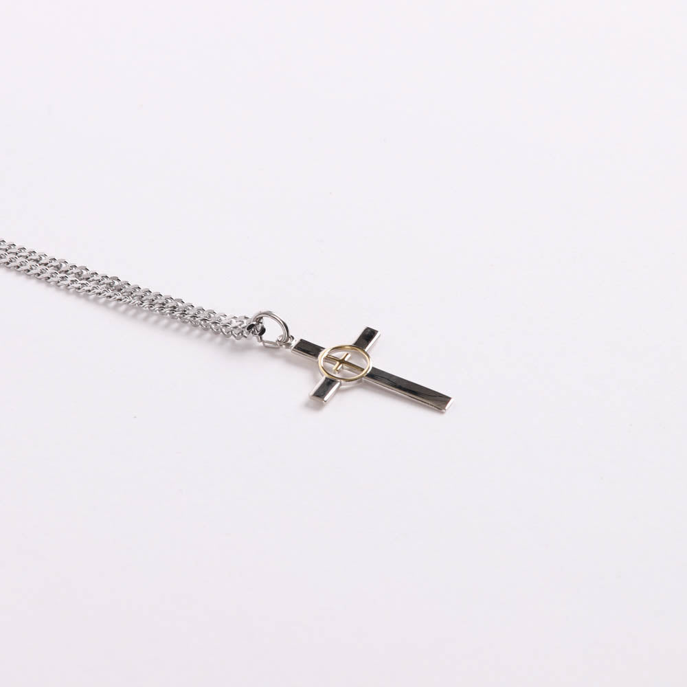 Necklace – Sterling Silver – Cross with Gold Cross Center – 24″ Silver