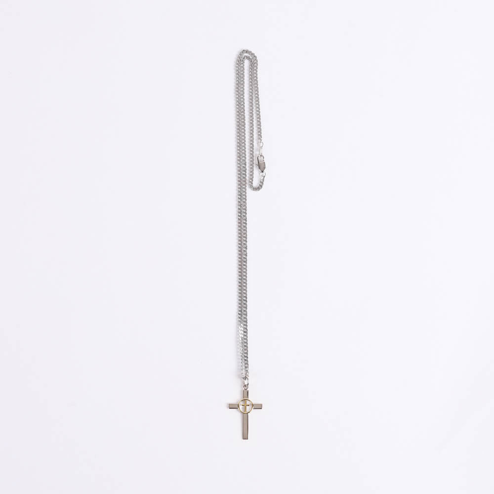 Necklace – Sterling Silver – Cross with Gold Cross Center – 24″ Silver